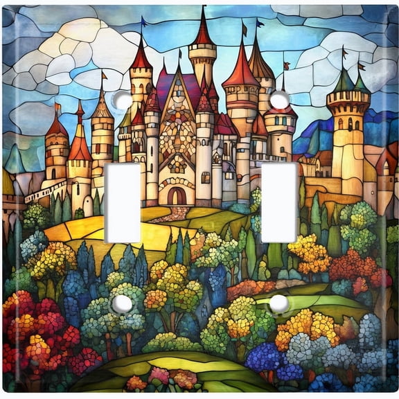 Metal Light Switch Wall Plate Outlet Cover (Printed Image of Stained Glass Fantasy Castle - Double Toggle)