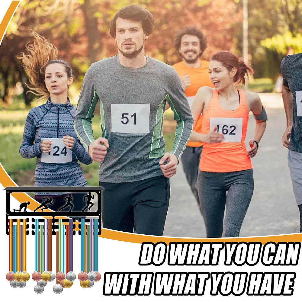 Running Trophy Holder Runner Medal Hanger Display with Shelf Metal Iron Sports Wall Mount Hold 60+ Medals Awards Ribbons Organizer Rack with 12 Hooks