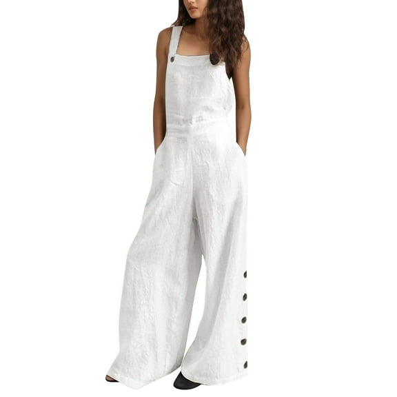 Women Jumpsuit Solid Bib Leg Pants Sleeveless Overalls Summer Casual Wide Jumpsuit