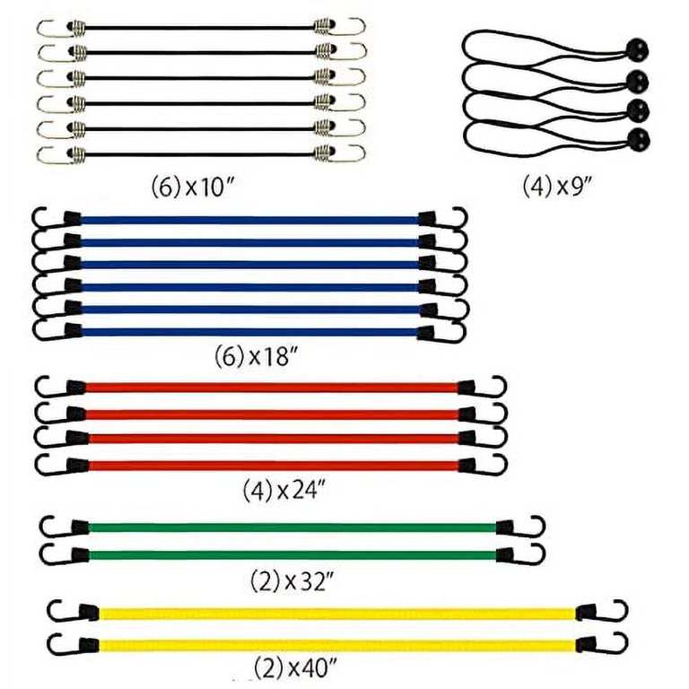 Lot De 31 Cordes Élastiques Bungee - 6 Tailles (10" à 40"), Crochets ABS, Couleurs
