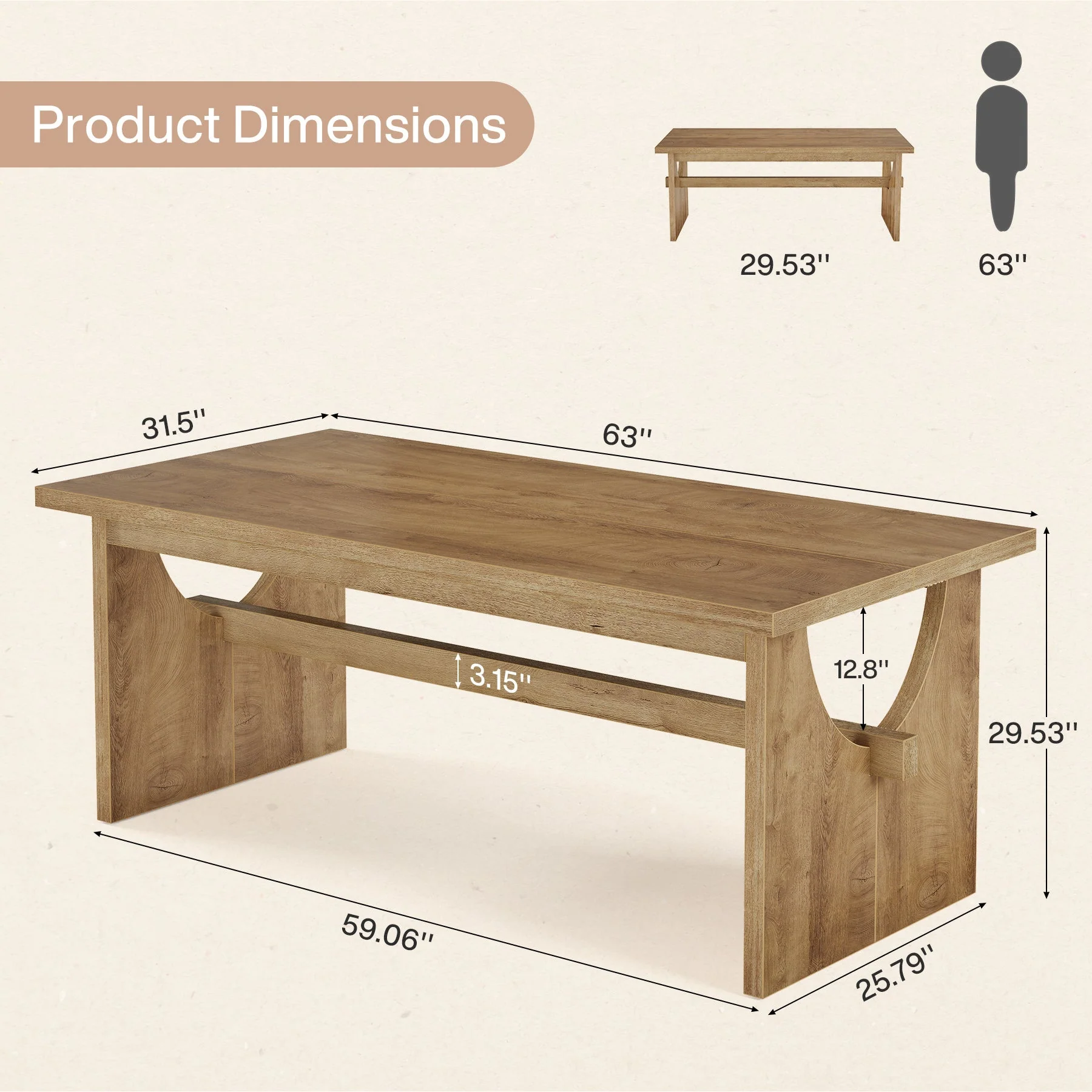 Hommoo 63 Inch Farmhouse Dining Table for 4-6 People, Rustic Rectangular Kitchen Table with Sturdy MDF Construction & Easy 30-Minute Assembly, Natural