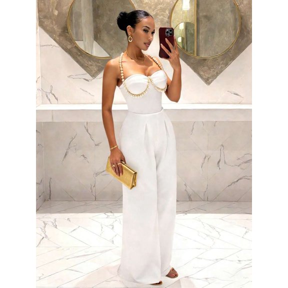 Elegant White Pearl-Embellished Strapless Jumpsuit For Party Wedding