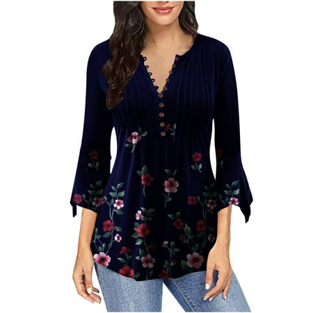 

Hfyihgf Womens Floral Printed Tops 3/4 Bell Sleeve Button V-Neck T-Shirts Casual Ruched Corset Tunic Blouses（Navy M)