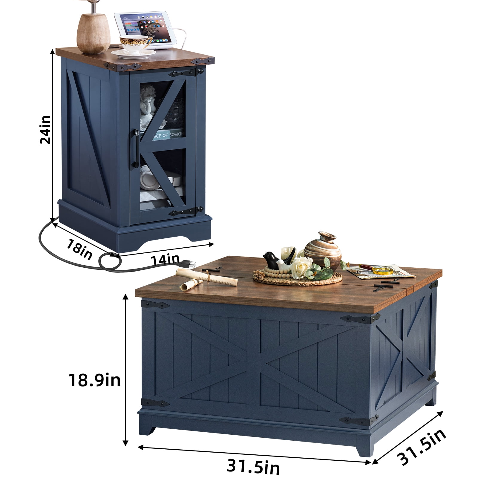 Joaxswe Coffee Table Set of 3, Flip Top Coffee Table with Large Hidden Storage, 2 Farmhouse Nightstands with Charging Station for Living Room, Navy