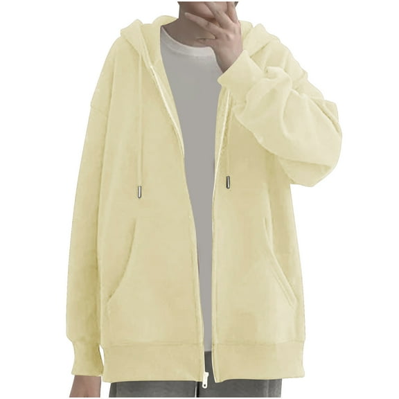 XPMWRP Women's Full Zip Hooded Drawstring Jacket Long Sleeve Fashion Solid Color Coats Fall Winter Fashion Loose Clothes with Pockets Beige L