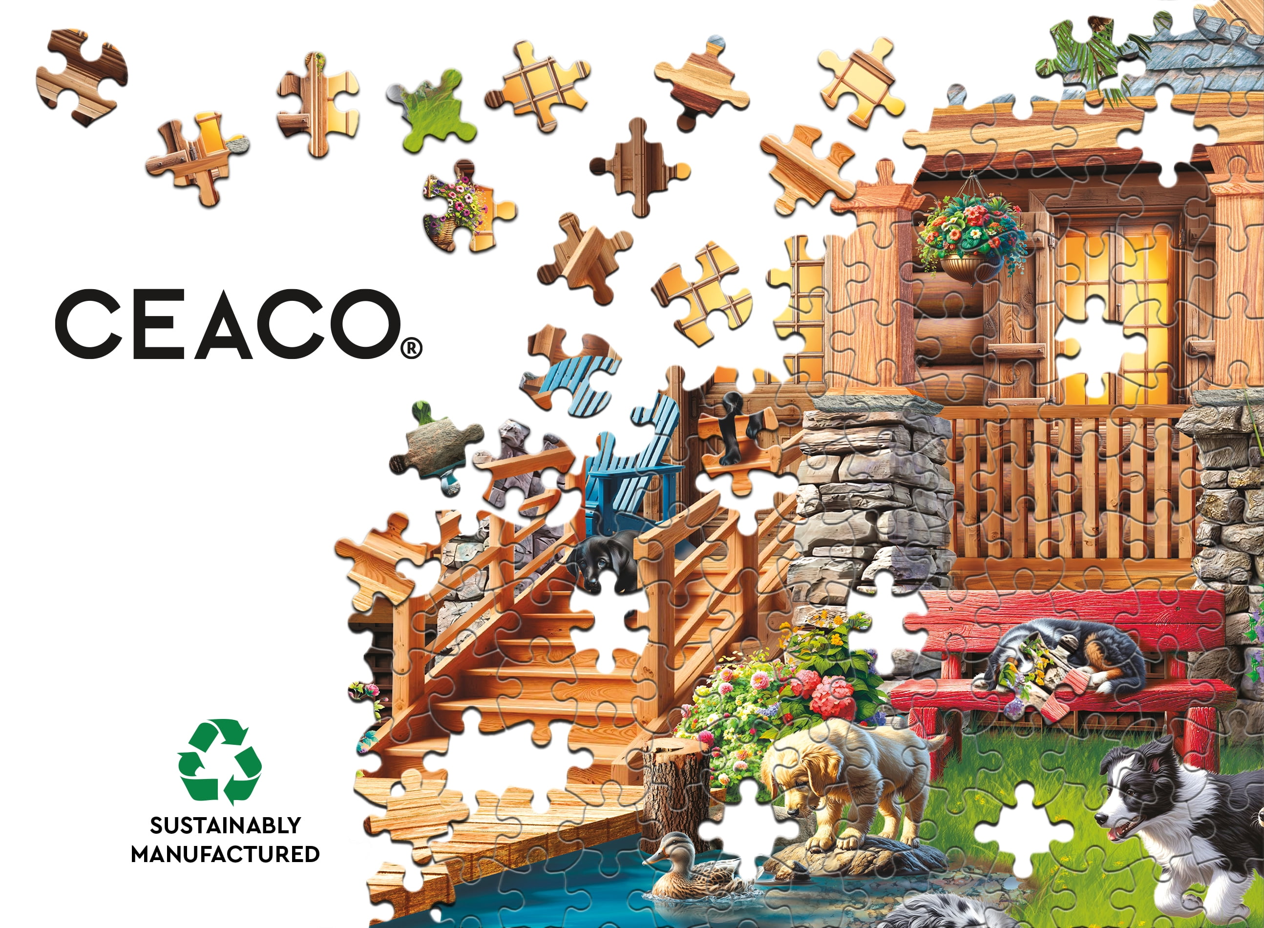 Ceaco P.D. Moreno Porch Puppies 500-Piece Interlocking Jigsaw Puzzle for Adults Ages 14+