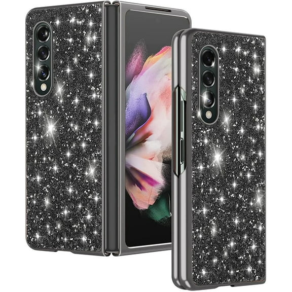 Dteck Samsung Galaxy Z Fold 3 Case, Ultra-Thin Sparkling Bling Glitter PC Hard Phone Case Protective Cover for Samsung Galaxy Z Fold 3 5G, Black