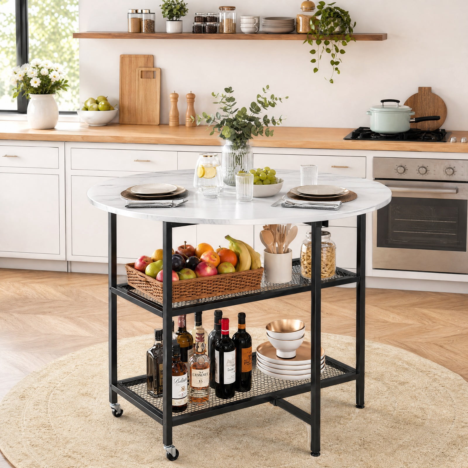 Furnibear Folding Round Dining Table with Lockable Wheels and 2 Storage Shelves and Sturdy Metal Frame for Small Spaces, White