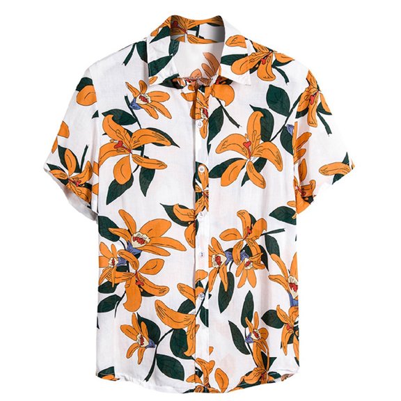 Tejiojio Clothing and Accessories Deals Vintage Printed Shirt Men's Cuban Collar Shirt Hawaiian Style Pattern Short Sleeves