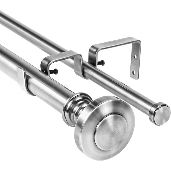 Urbanest Adjustable Double Curtain Rod Set Semplice Manhattan Finials – 1″ Front & 5/8″ Back Rod With Brushed Steel Rod, 84–120 Inches