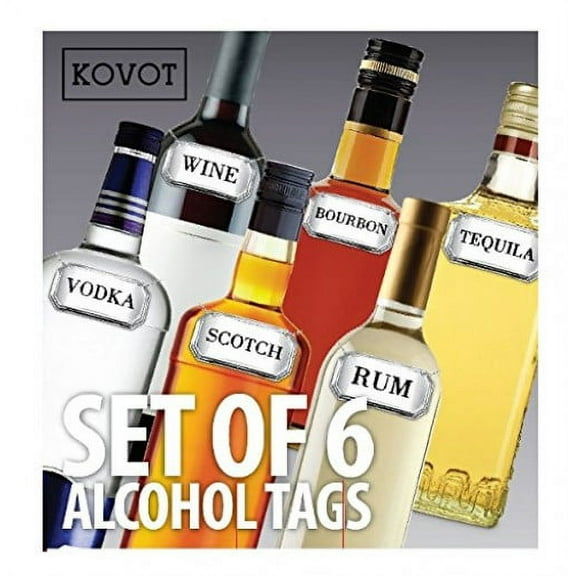 KOVOT Liquor and Alcohol Label Tags, Set of 6, Silver