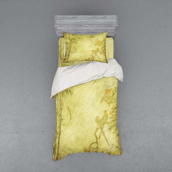 Ambesonne Asian Themed Bedding Set 3 Pcs, Branch and Birds Motif, Twin XL, Green