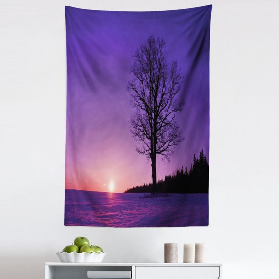 Tree Tapestry, Oak Tree at Sunset Snowy Field Wintertime Nature Landscape Wilderness Scene Print, Fabric Wall Hanging Decor for Bedroom Living Room Dorm, 5 Sizes, Purple Black, by Ambesonne