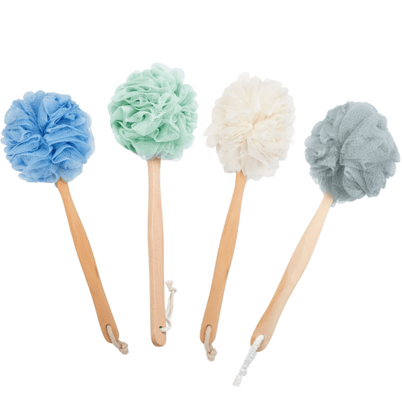 Loofah Back Scrubber for Shower,Soft Nylon Mesh Back Cleaner Washer, Wooden Long Handle Bath Sponge Lufa Shower Brush, Women & Men Exfoliating Luffa Pouf on a Stick for Body in 4 Assorted Colors