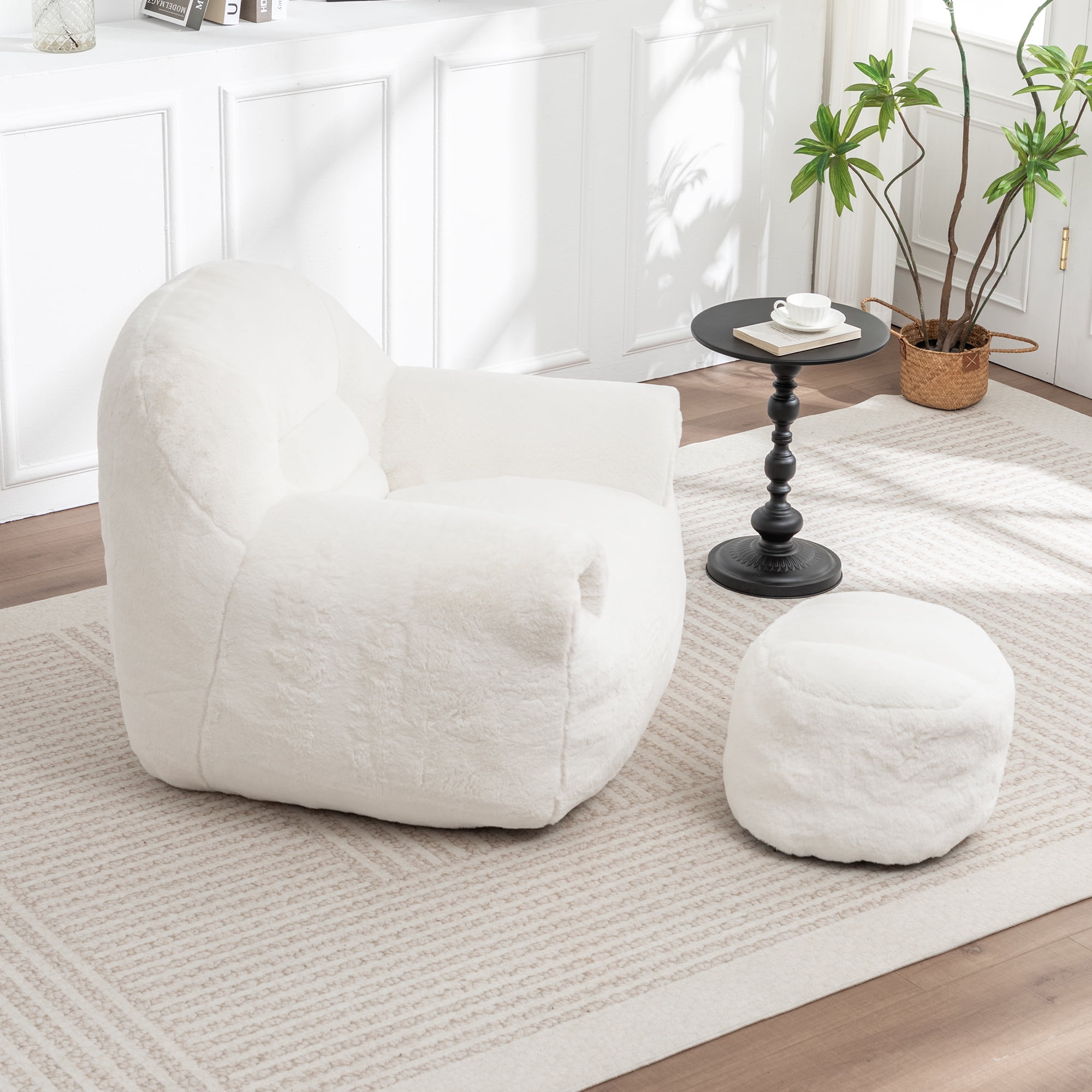 Bean Bag Chair, Comfy Bean Bag Sofa with Back Support, With Footstool,Faux Fur Bean Bag Chair for Adults and Kids, Stuffed Floor Sofa for Living Room, Bedroom, Apartment, White