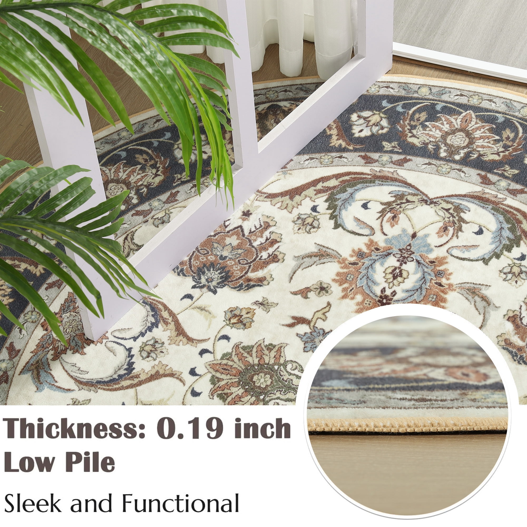 Noahas 5 ft Round Rugs for Living Room Bedroom Rug Circle Area Rug for Dining Room Table Throw Neutral Vintage Circular Rugs Washable Soft Comfortable Blue & White