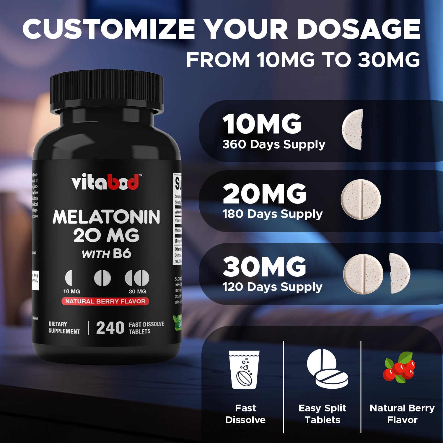 Melatonin 20mg - 240 Fast Dissolve Tablets - Drug Free - Natural Berry Flavor - Vegetarian, Non-GMO, Gluten Free by Vitabod (240 Count (Pack of 3))