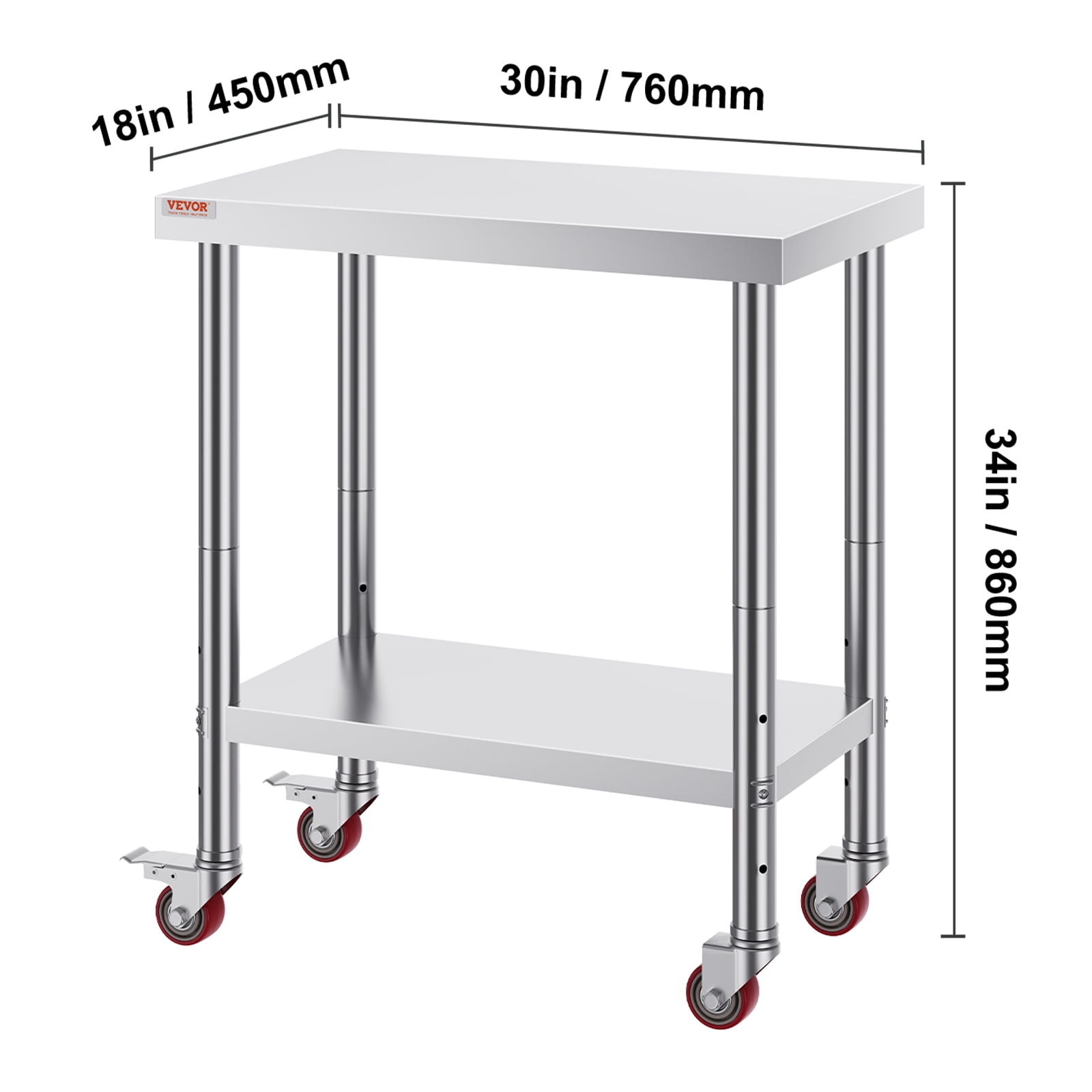 VEVOR Stainless Steel Work Table 30 x 18 x 34 Inch, 700 LBS Load Capacity with 4 Wheels, 3 Adjustable Height Levels, Heavy Duty Food Prep Worktable for Commercial Kitchen Restaurant, Silver