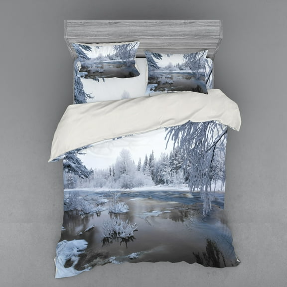 Winter Duvet Cover Set, Nordic Snow Nature Lake Idyllic Finland Icy Cold Forest Scandinavian Landscape, Bedding Set with Shams and Fitted Sheet, 3 Sizes, by Ambesonne
