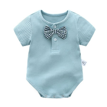 

Toddler Baby Girls Climbing Clothes Unisex Solid Spring Summer Ribbed Short Sleeve Bow Tie Romper Bodysuit Clothes For 9-12 Months