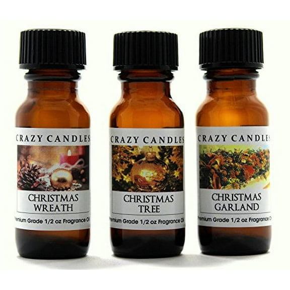 Crazy Candles 3 Bottles Set, Christmas Wreath, Christmas Tree, Christmas Garland 1/2 Fl Oz Each (15ml) Premium Grade Scented Fragrance Oils
