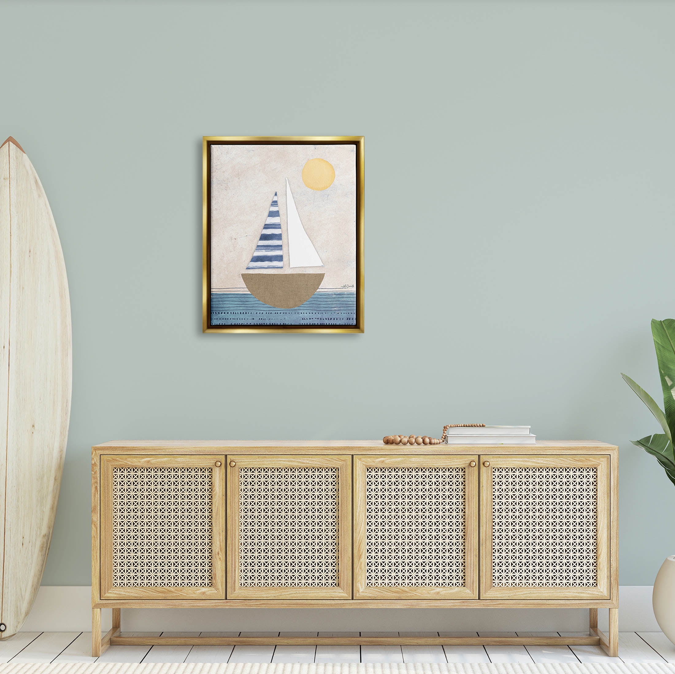 Stupell Industries Geometric Sailboat Striped Ocean Water Graphic Art Metallic Gold Floating Framed Canvas Print Wall Art, Design by Katie Doucette