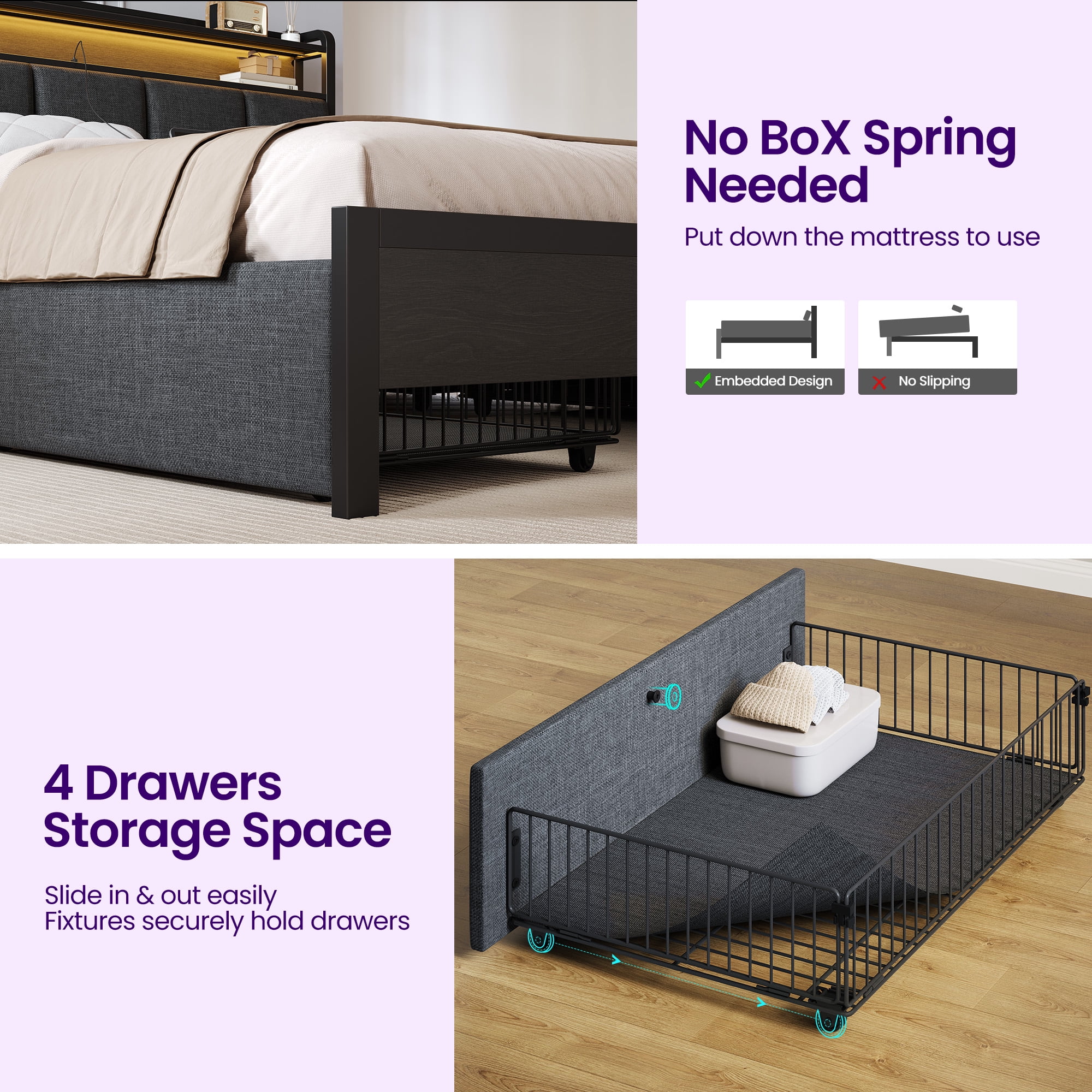 Greenstell Queen Bed with Headboard and Charging Station, Upholstered bed with 4 Drawers and RGB LED Lights,Dark Gray