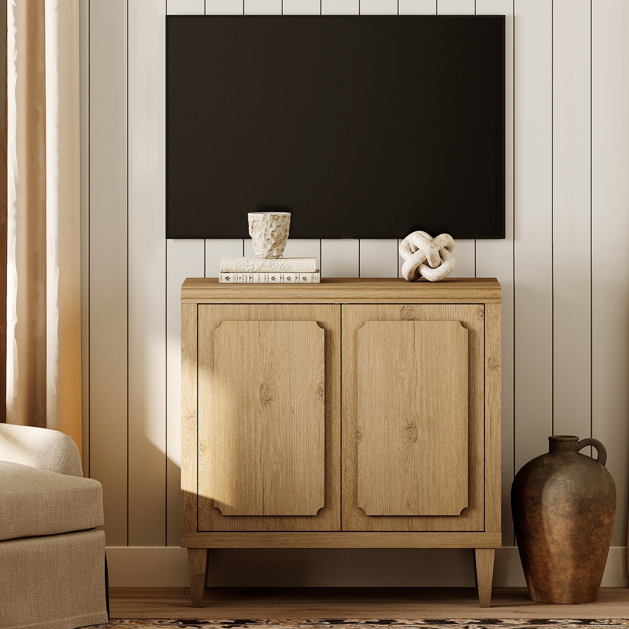 31.5" Oak Buffet Cabinet with Embossed Door, Modern Sideboard with Storage,Oak