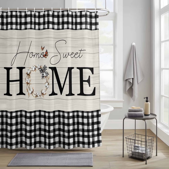 Bathroom Shower Curtain Home Black White Gingham Check Waterproof Shower Curtains with Hooks, Farm Vintage Wood Board Bath Curtains Bathtub Curtain Home Decor 36x72in