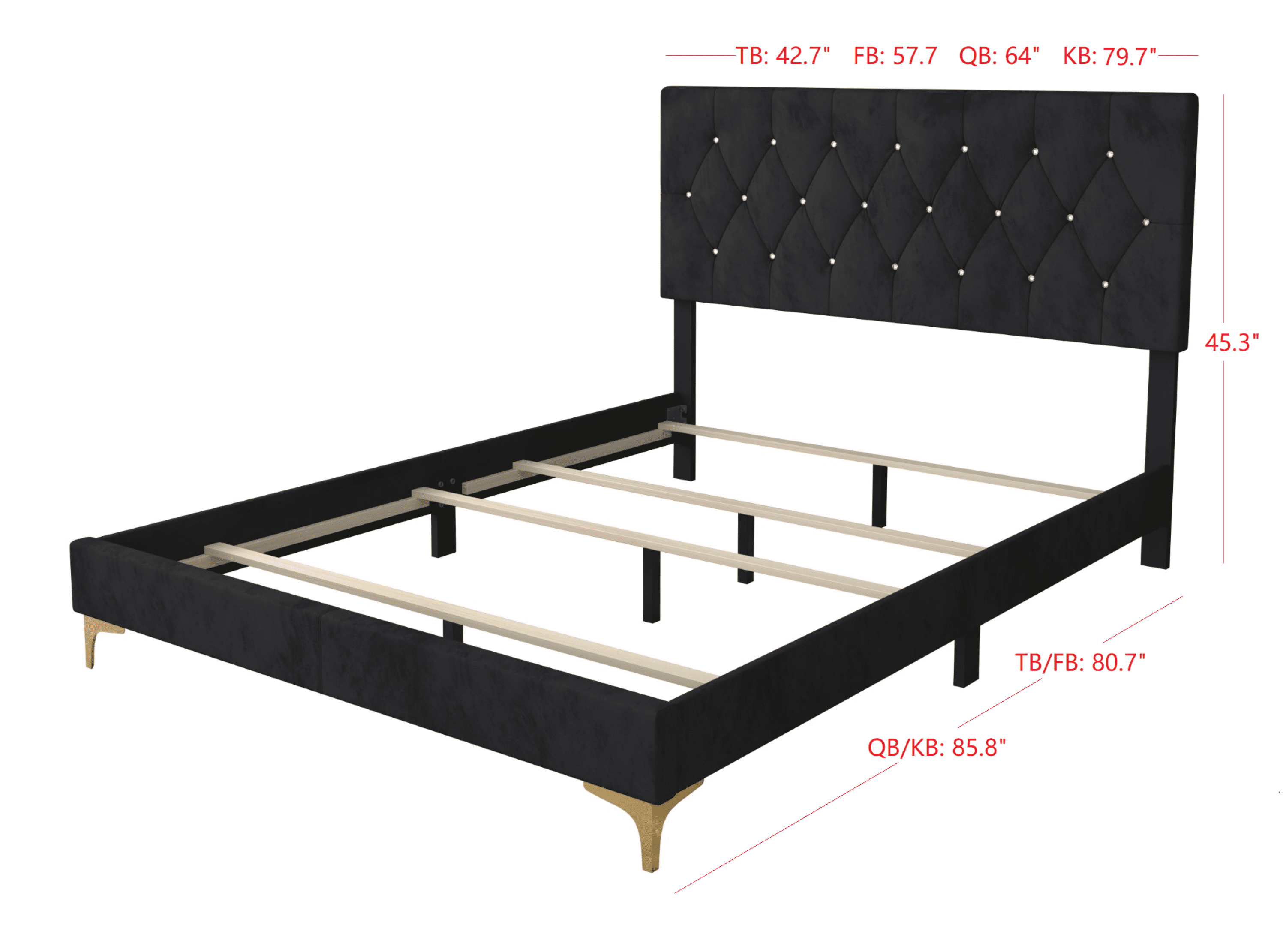 Home Design Samantha Twin Bed Frame with Foam-Filled Headboard and Gold-Tone Bracket Feet, Black, Easy Assembly