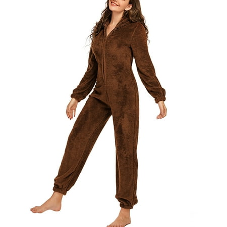 

Biekopu Women s Fleece Ears Hooded Jumpsuit Sleepwear Zipper One Piece Romper Playsuit Sherpa Pajamas Homewear