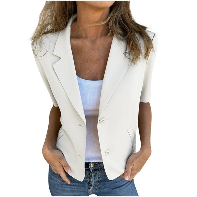 Blazer Décontracté pour Femme Wo-Fusoul, Manches Courtes, Ouvert à l'Avant, Couleur Unie, Haut de Travail/bureau avec Col Rabattu pour Toutes les Saisons