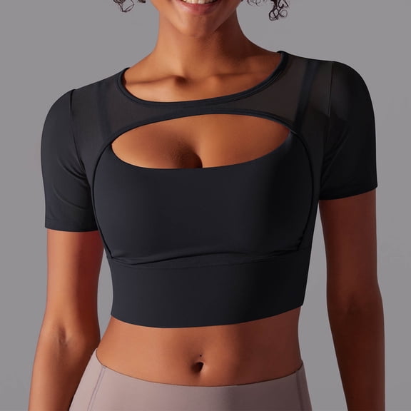Women's Summer Sexy Solid Color Round Neck Top, Breathable Hollow Design, Quick-Dry Yoga & Fitness T-Shirt, Casual Short Sleeve Activewear for Sports and Daily Wear