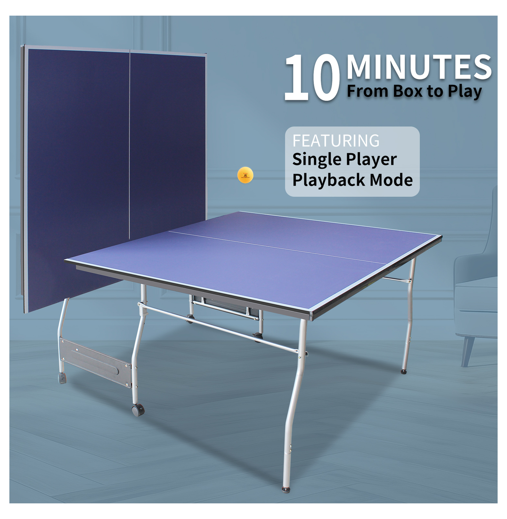 8ft Mid-Size Table Tennis Table Foldable & Portable Ping Pong Table Set for Indoor Games with Net, 2 Table Tennis Paddles and 3 Balls