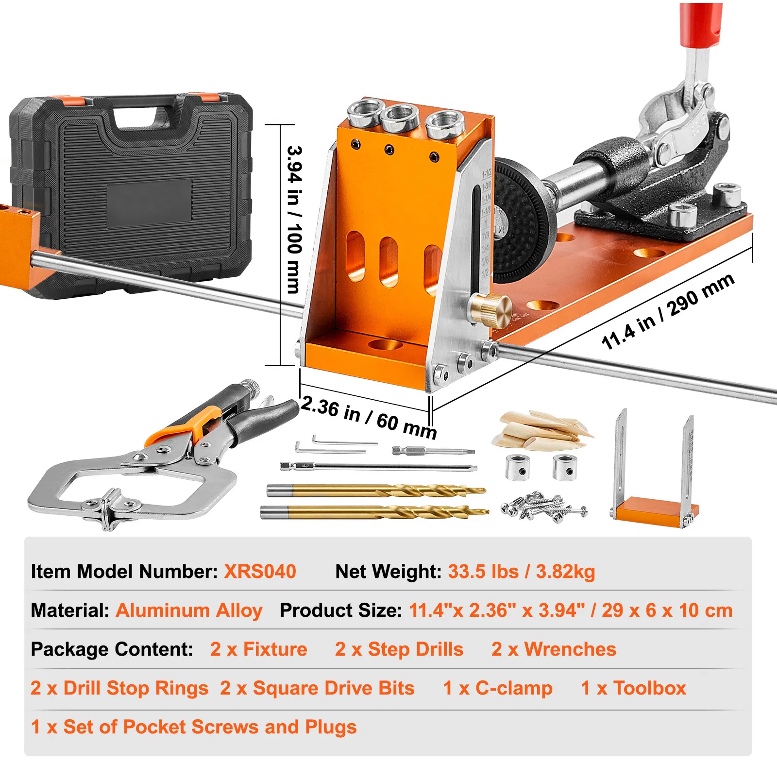 34-Piece Pocket Hole Jig Kit with 11" C-Clamp,Step Drill,Wrenches,and Drive Bits-Adjustable DIY Carpentry System for Perfect Joints