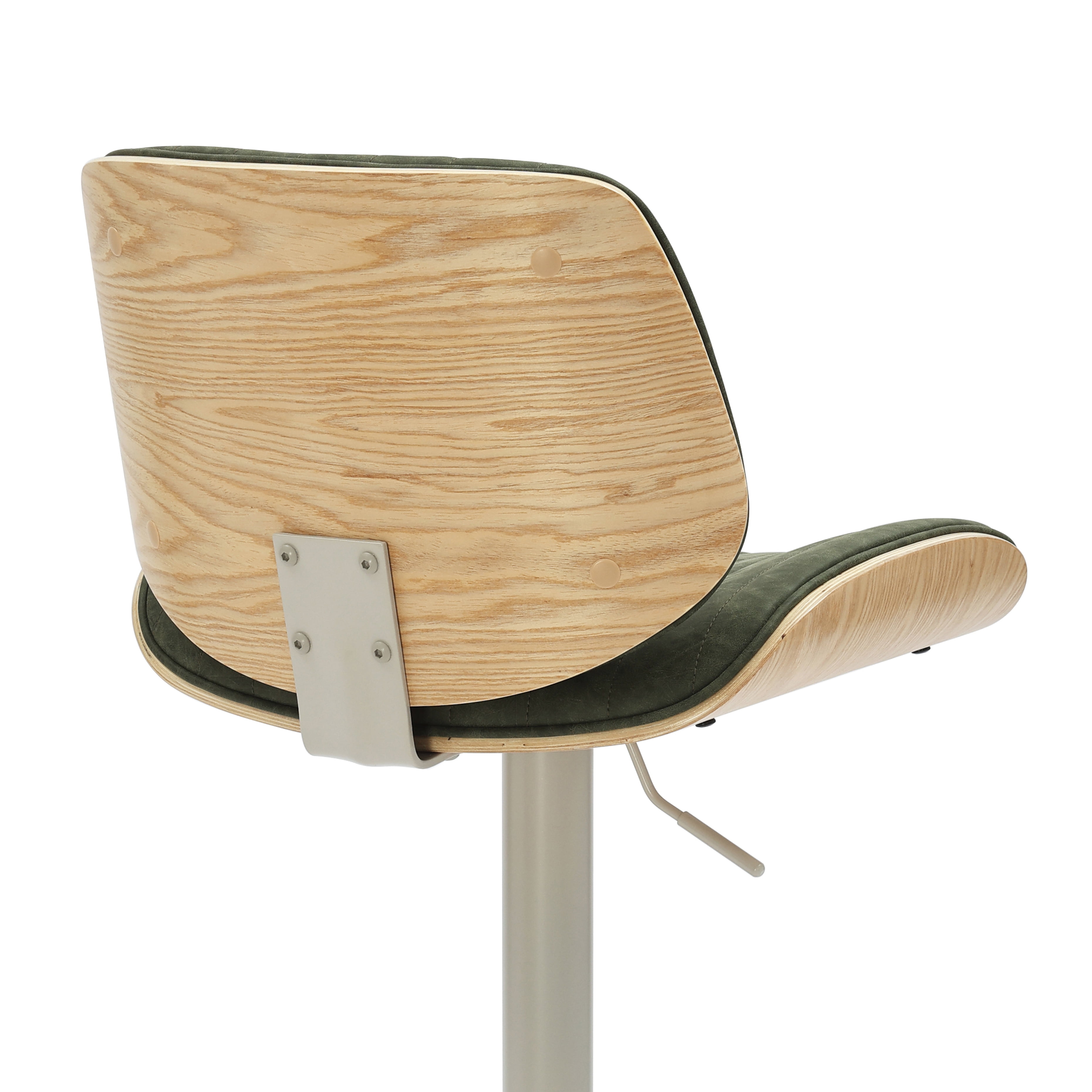 Brock Adjustable Swivel Vintage Green Curved Back Wood Bar Stool with Faux Leather Seat