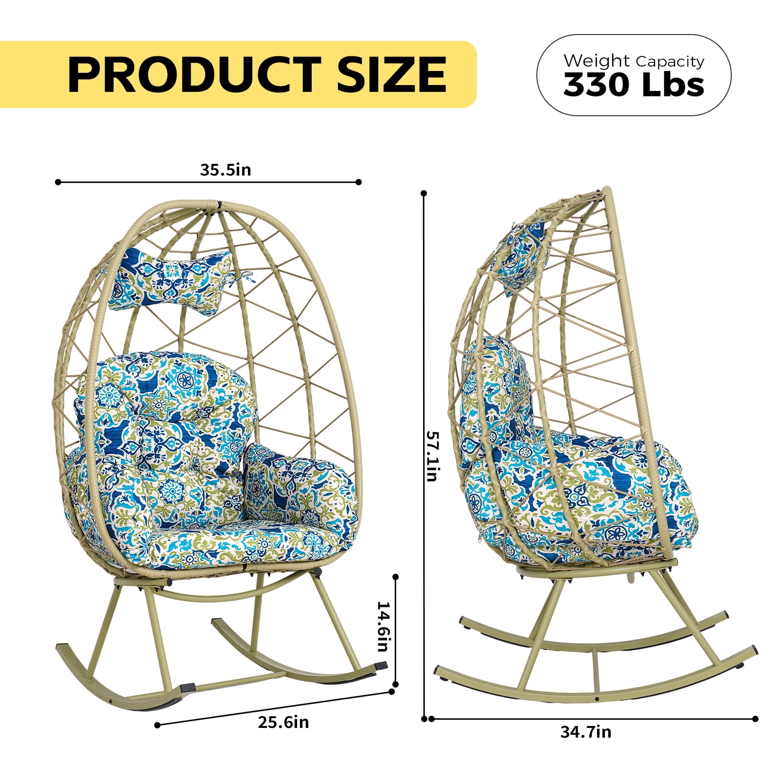 330LBS Foldable PE Wicker Egg Rocking Chair, Cocoon Lounge Rocker with Thick Cushion & Pillow, Weather Resistant Rattan Single Chair for Patio Balcony Bedroom Living Room Indoor Outdoor