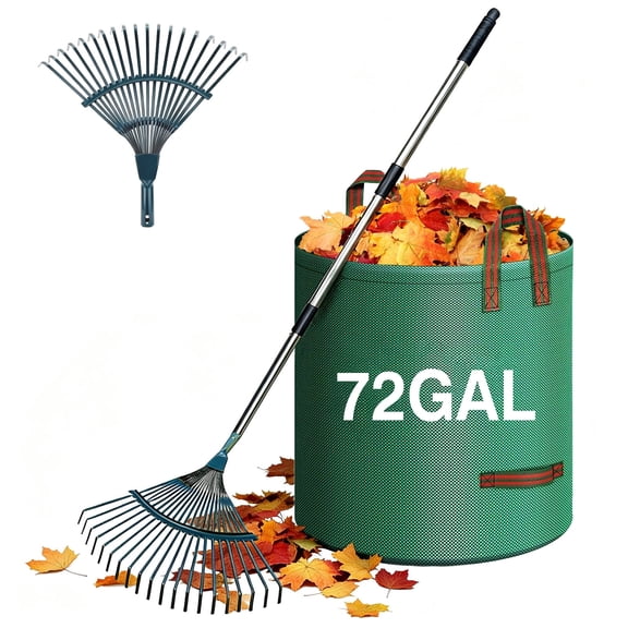 Yoneston 22-Tines Leaf Rake with 72 Gallon Graden Bag Set, Reusable Lawn Yard Leaf  Bags & Rake Kit  for Leaves, Grass, Trash