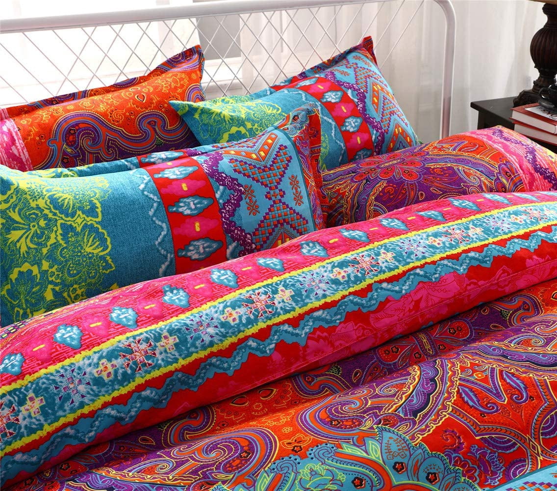 Botoutin Bohemian 3-Pieces Multicolored Red Striped Ethnic Mandala Duvet Bedding Sets, King