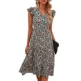 thumbnail image 1 of Robe à Imprimé Floral Col en V Femmes Été Respirante Ourlet Ample Manches Courtes à Volants Robe Ligne A, 1 of 6