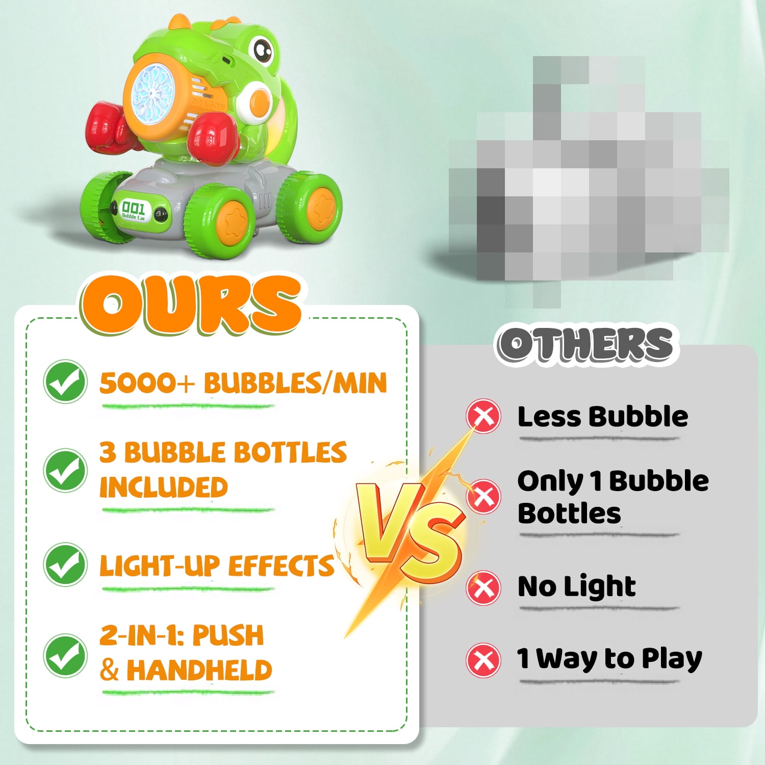 JoyStone Automatic Bubble Machine Toys for Toddlers, Push & Handheld Bubble Lawn Mower with Lights, Rechargeable Bubble Blower Toy for Kids Ages 3–6, Green