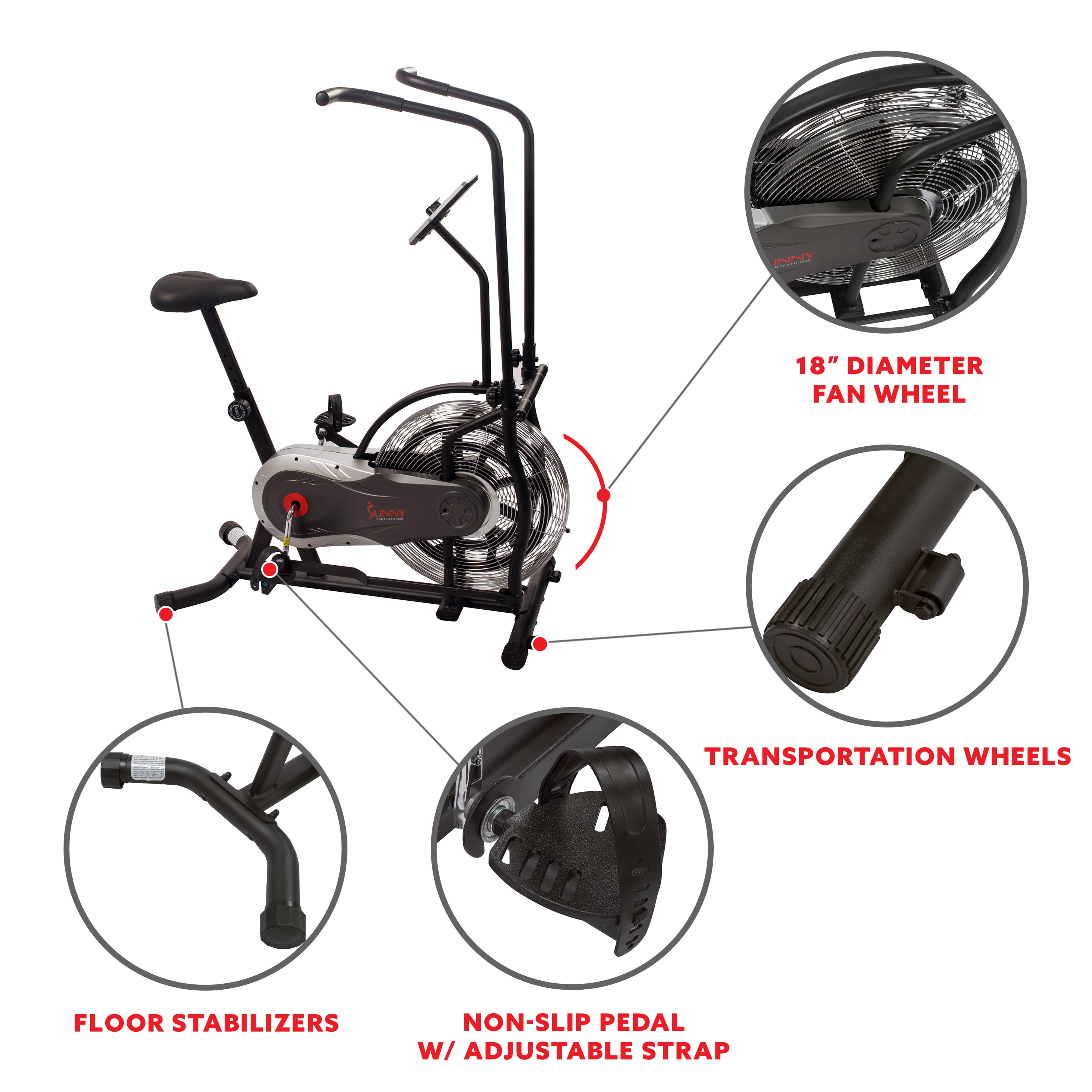 Sunny Health Fitness Zephyr Indoor Stationary Upright Air Bike w