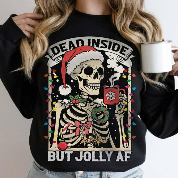 Dead Inside Skeleton Christmas Sweatshirt, Coffee Lover Christmas Sweater, Dead Inside But Jolly AF Shirt, Skeleton Christmas Lights Shirt