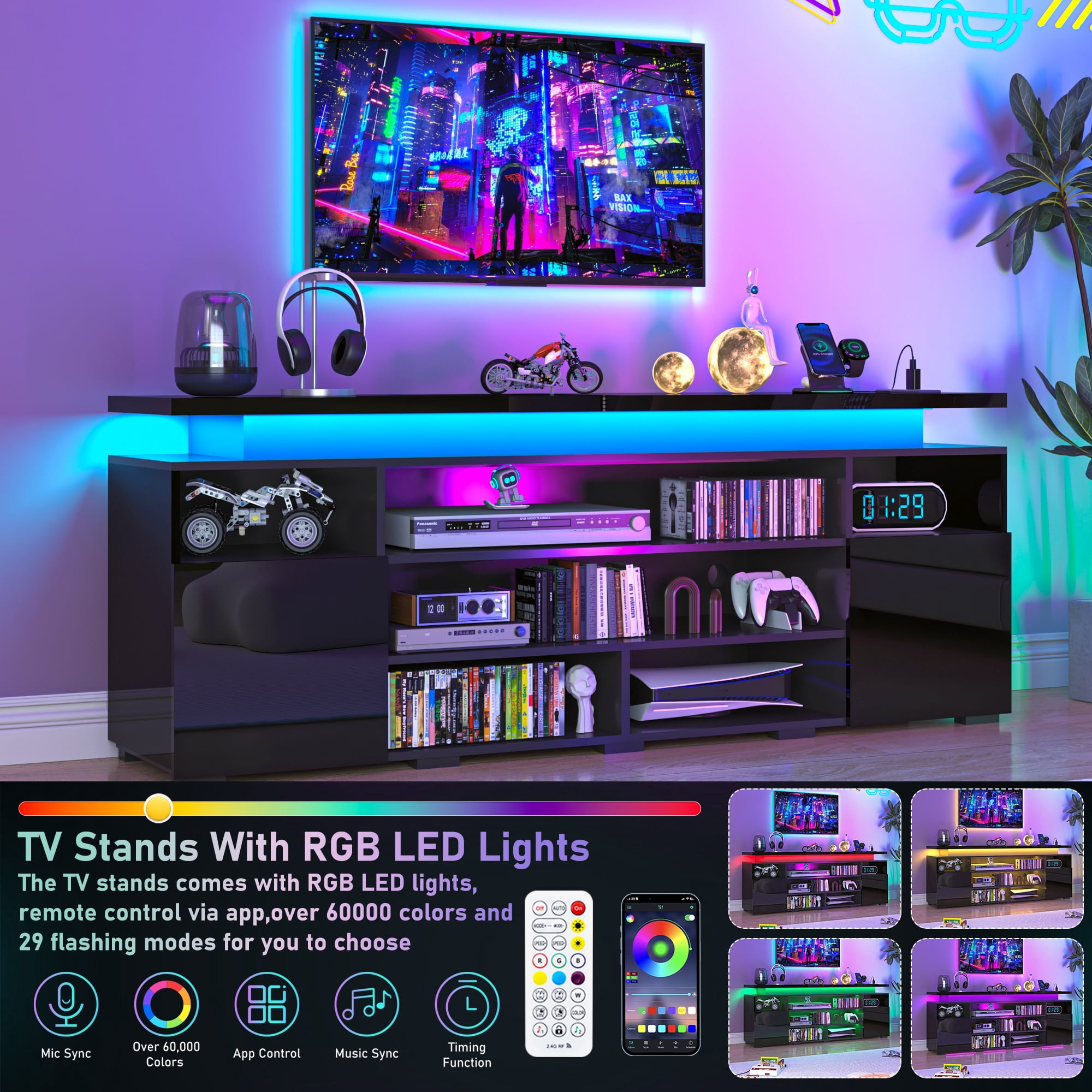 ANPOO LED TV Stand for TVs up to 80",Entertainment Center with Power Outlet,Modern Floating Gaming Media Console with Open Shelves and 2 Storage Cabinets,Black