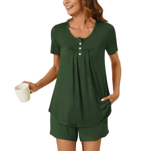 Ensembles de Pyjama pour Femmes 2 Pcs, Blouse à Manches Courtes Col Rond Décontractée Mode Pantalon Ensemble de Pyjama