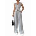thumbnail image 3 of Womens Two Piece Outfits Summer Fashion Button V Neck Crop Vest Blazer and Wide Leg Pants Suit Matching Gray XL, 3 of 9