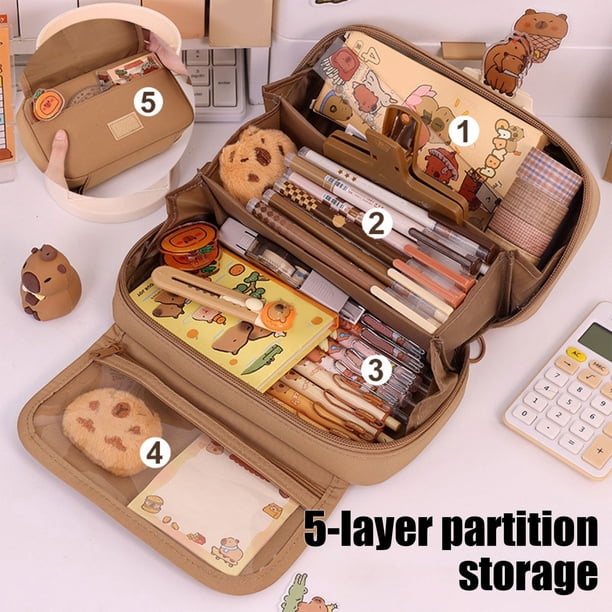 Large Capacity Pencil Case Organizer | Multifunctional Cloth Pen Holder | Zippered Bag for Office & Travel | Stationery Storage Box | 21x12x7cm | Coffee Purple Green Black | 1 Pc