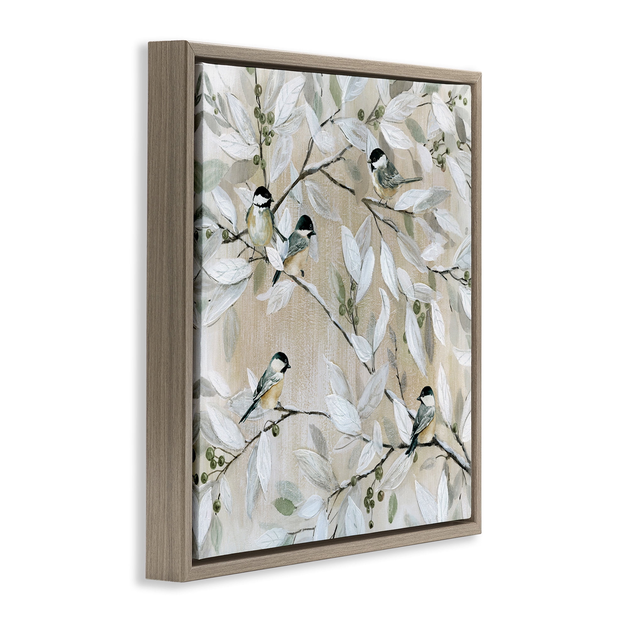 Stupell Industries Chickadee Birds on Branches Botanical & Floral Painting Brown Floater Framed Canvas Art Print Wall Art, 25 x 25