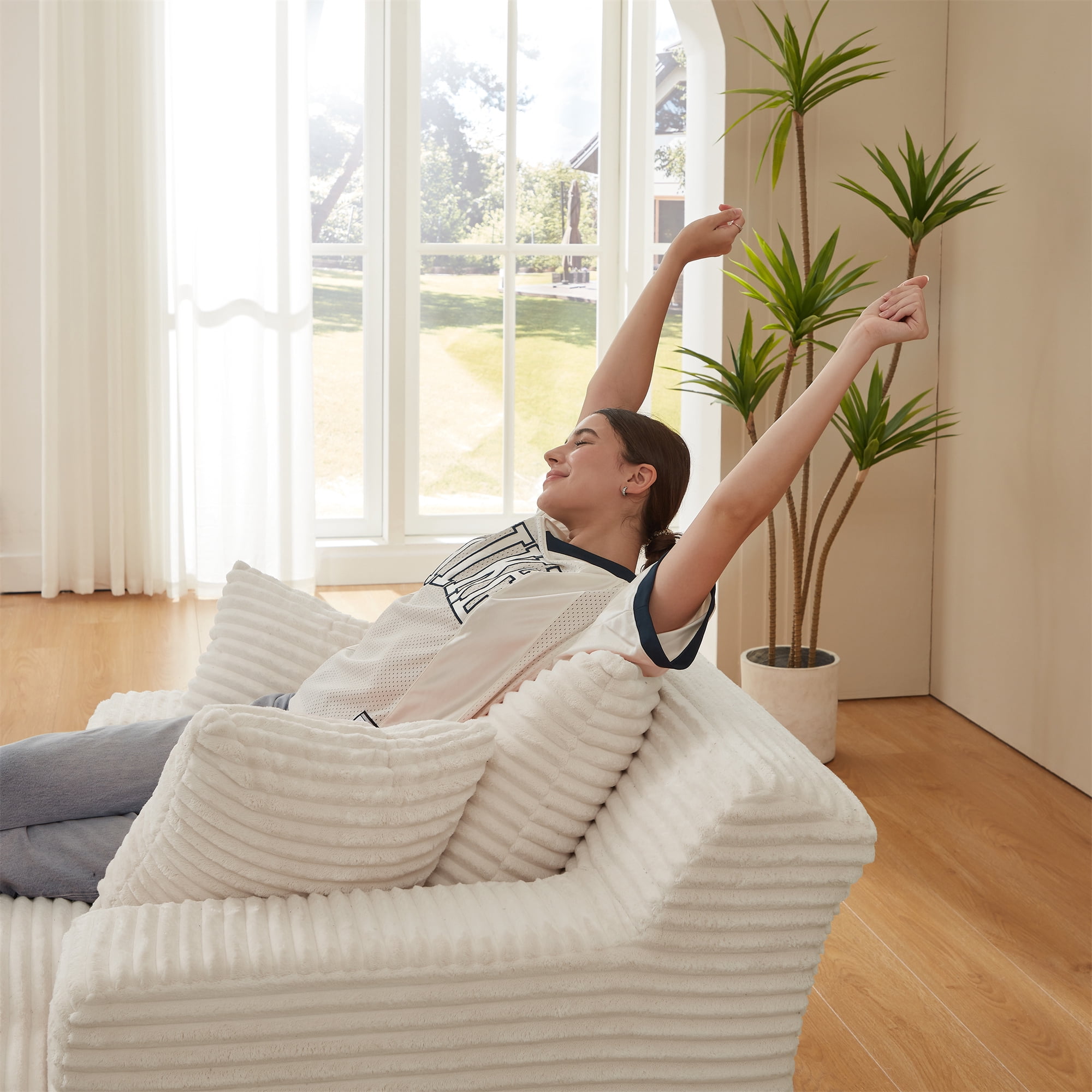 Aukfa 79" Extra Long Chaise Lounge Oversized Indoor Chair Boneless Couch for Living Room, 3Pillows, White
