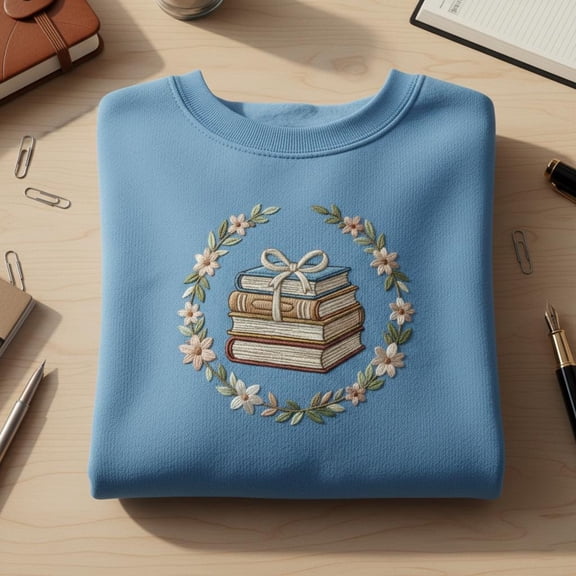 Book Stack Gift Floral Wreath embroidered hoodie, Cottagecore Reader Crewneck, Aesthetic Book Lover Sweatshirt, Cute Librarian Gift